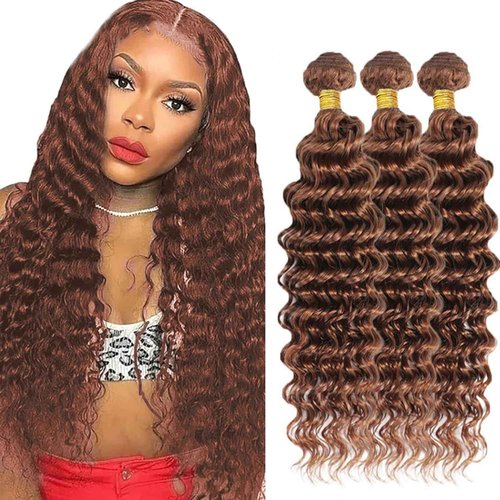#30 Brown Bundles Human Hair Deep Wave Bundles 30 30 30 Inch Light Brown Deep Wave Bundle Unprocessed Brazilian Virgin Weave Hair 3 Bundle 50 Gram Per Bundle