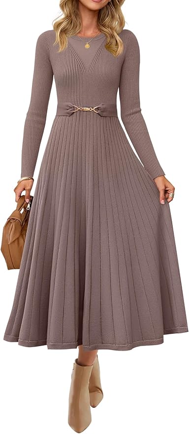 ZESICA Women's Long Sleeve Midi Sweater Dress 2026 Fall Crewneck Knit A Line Pleated Flowy Long Dresses with Belt