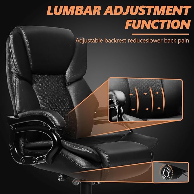 Indulgear 500lbs Big and Tall Office Chair with Gel Seat Cushion,Heavy Duty Office Chair for Heavy People, High Back Executive Computer Chair with Adjustable Lumbar Support, Dual Rubber Wheel
