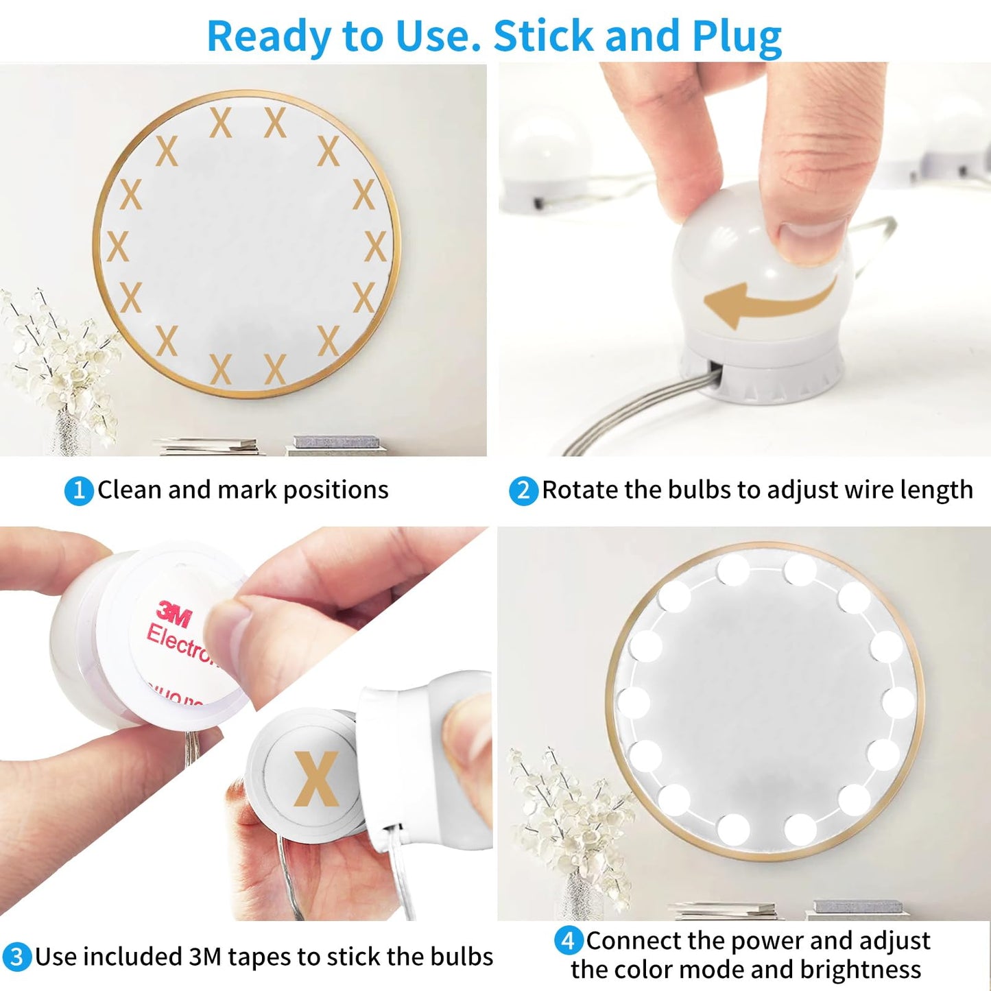 LED Vanity Mirror Lights with 14 Dimmable Bulbs, 3000K 4500K 6500K & 10 Brightness Levels Adjustable, Plug in USB Cable, Hollywood Style Stick On Mirror Lights for Makeup Desk Bathroom Dressing Room