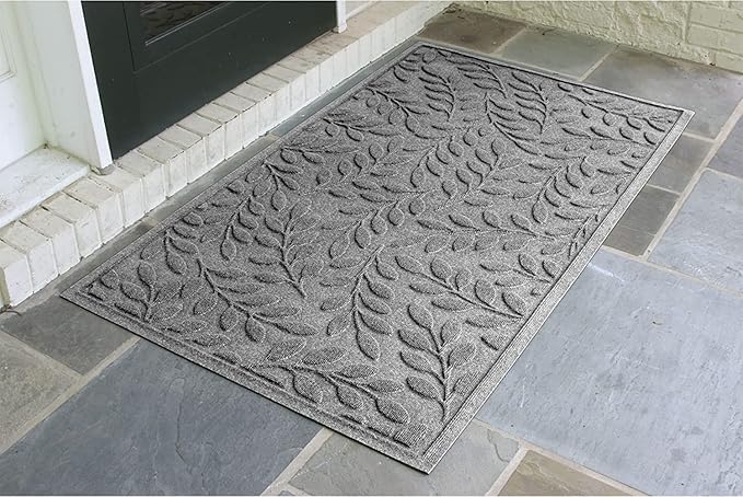 Bungalow Flooring WaterHog Door Mat, 3' x 5' Made in USA, Durable and Decorative Floor Covering, Skid Resistant, Indoor/Outdoor, Water-Trapping, Brittney Leaf Design, Medium Grey