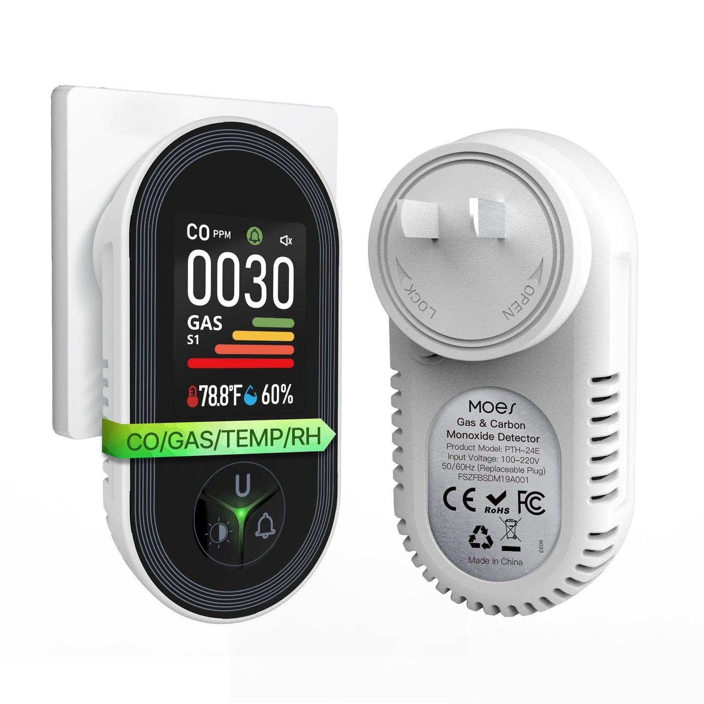 MOES 4-in-1 Carbon Monoxide & Gas Detectors Plug in, with Real-Time Temperature & Humidity Display, Alarm for Natural Gas
