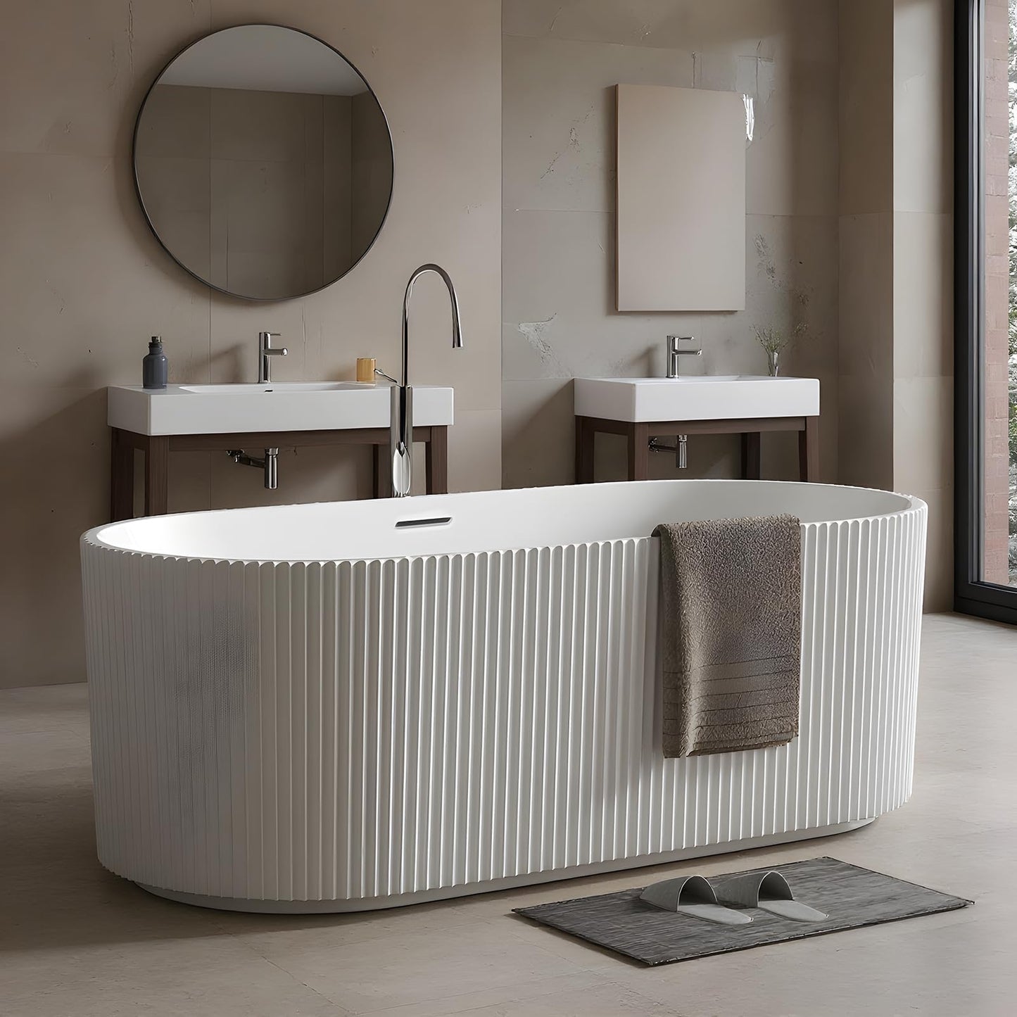 59" Acrylic Freestanding Bathtub, Modern Acrylic Soaking Bathtub, Freestanding Rectangular Tub with Matte Drain and Overflow, Ergonomic Deep Design, Double-Walled Insulation, CUPC Certified