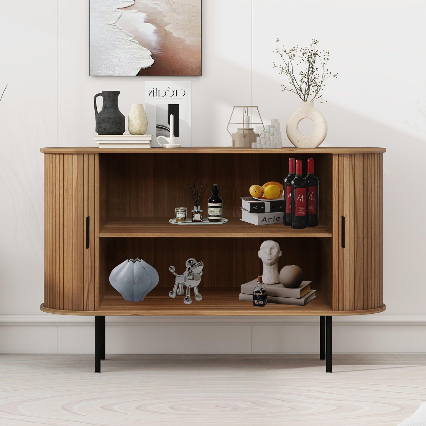 Janmer Home 47.2" Fluted Storage Cabinet with Sliding Tambour Doors, Mid Century Modern Buffet Sideboard with Storage, Oval Curved Accent Cabinet for Living Room Kitchen (Walnut)