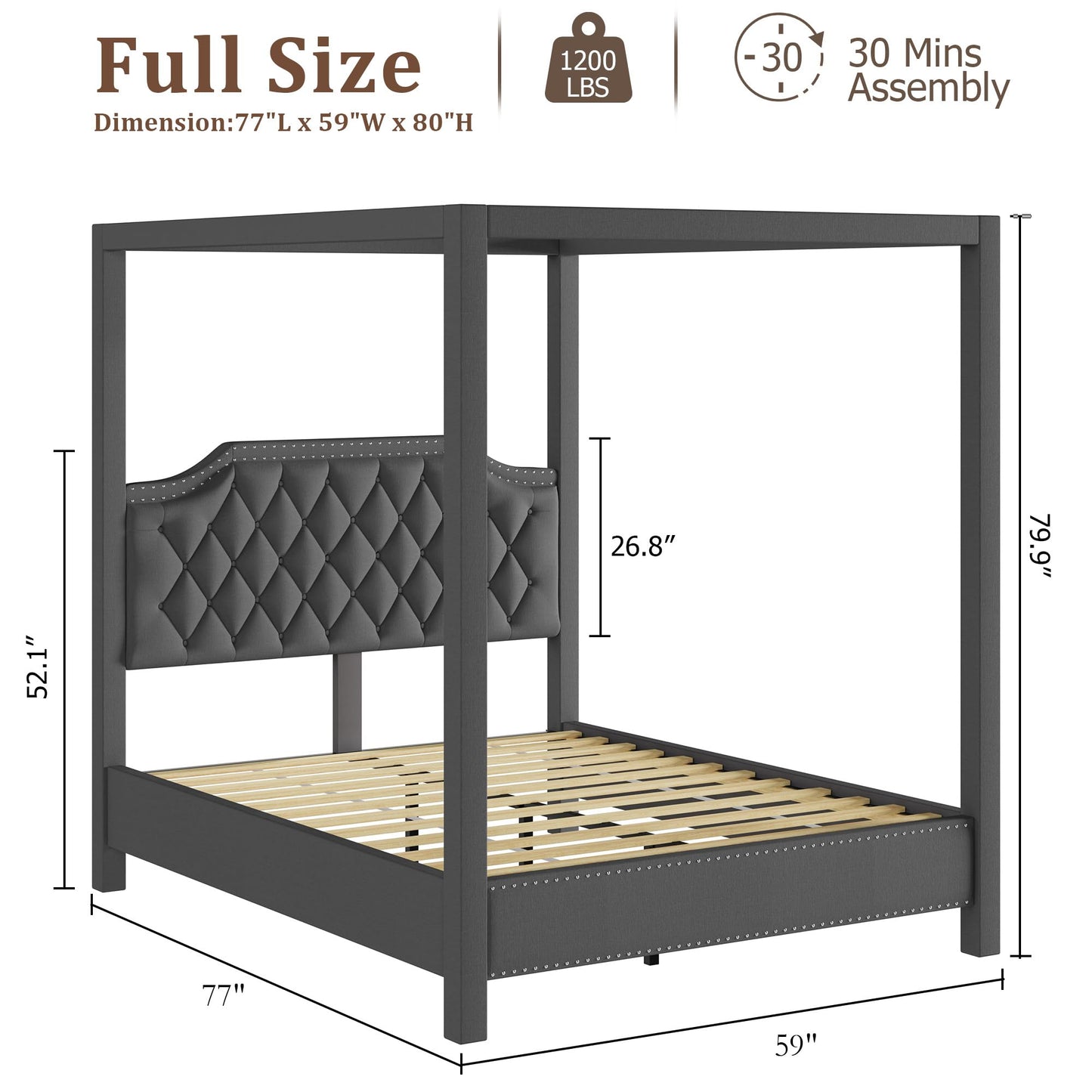 GarveeHome Upholstered Canopy Bed Frame Full Size with headboard, Button Tufted, Nailhead Trim Design, No Box Spring Required, Gray