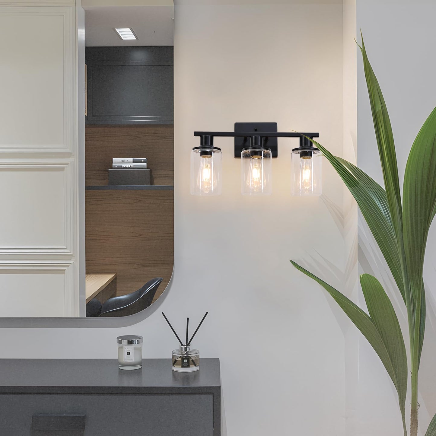 Litaddscen Matte Black Bathroom Light Fixtures Over Mirror,3-Light Bathroom Vanity Light with Clear Glass Shade,Modern Farmhouse Wall Sconces Lighting for Mirror Kitchen Living Room Cabinet