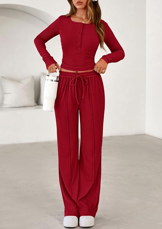 PRETTYGARDEN Women's 2026 Fall Trendy 2 Piece Outfits Lounge Sets Long Sleeve Top Henley Shirts Wide Leg Pants Travel Clothes