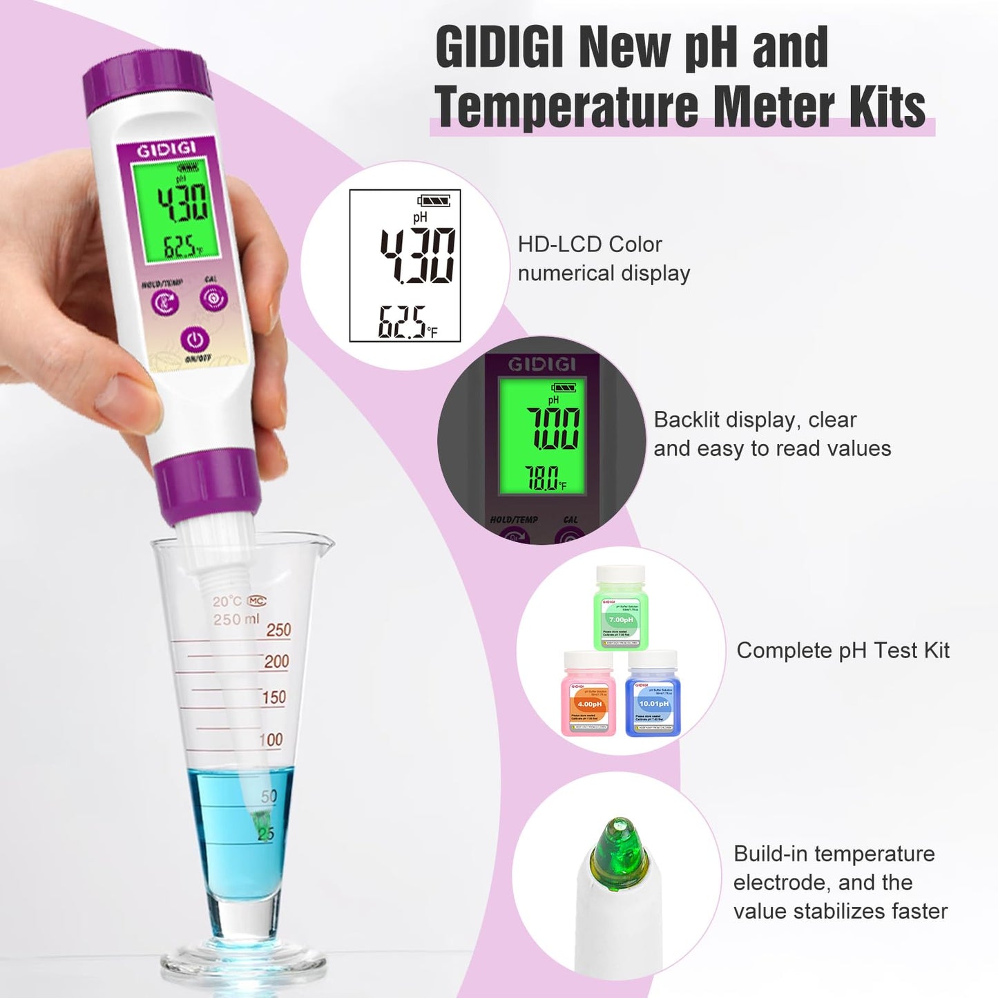 GIDIGI pH Meter Food Digital Electronic pH Tester for Fermentation 3*50ml pH Buffer Calibration Solution Kits Hot Sauce Food Tester Probe for Cheese Sourdough pH Temperature pH Test Strips for Acidity