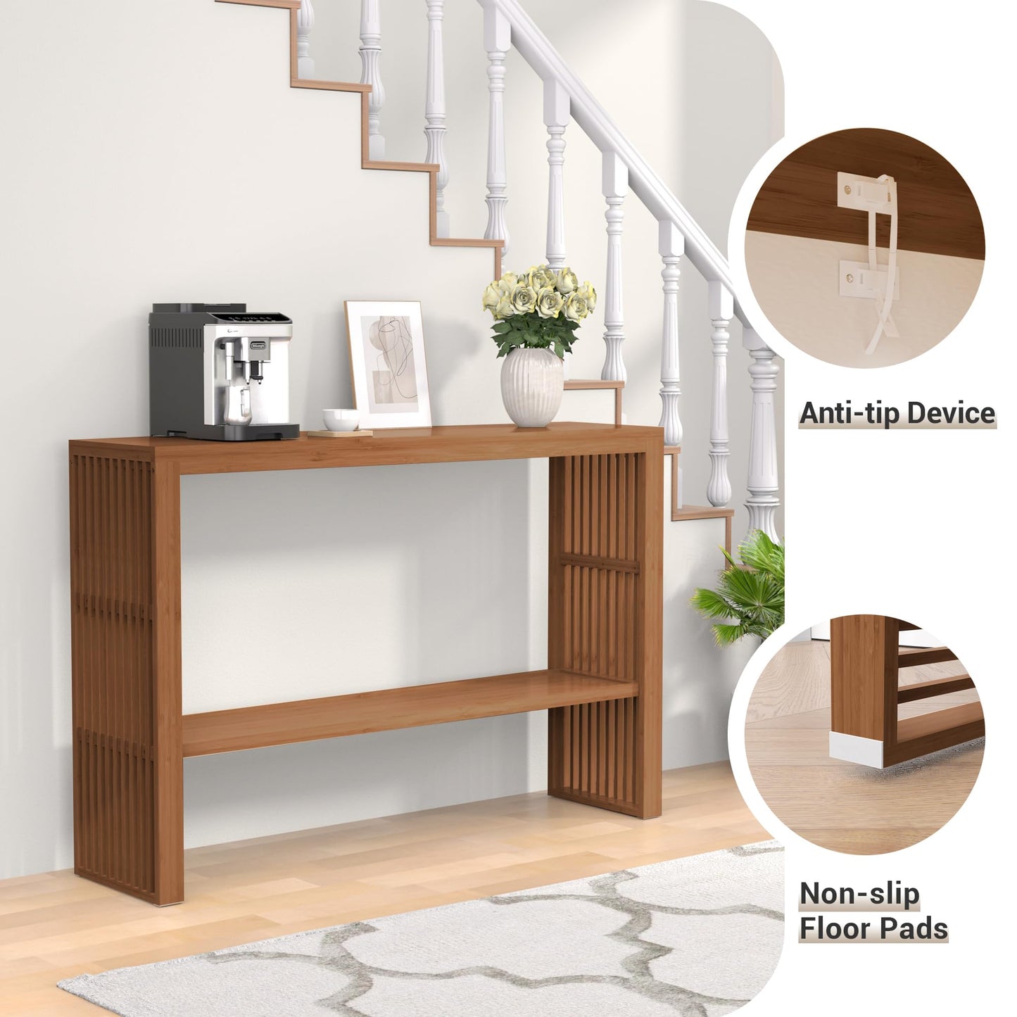 Bamboonova Bamboo Wood Entryway Table 47.2" Console Table, 2-Tier Farmhouse Narrow Sofa Table with Grille-Inspired Sides Easy Assembly for Entrance, Hallway, Living Room, Bedroom, Foyer(Walnut)