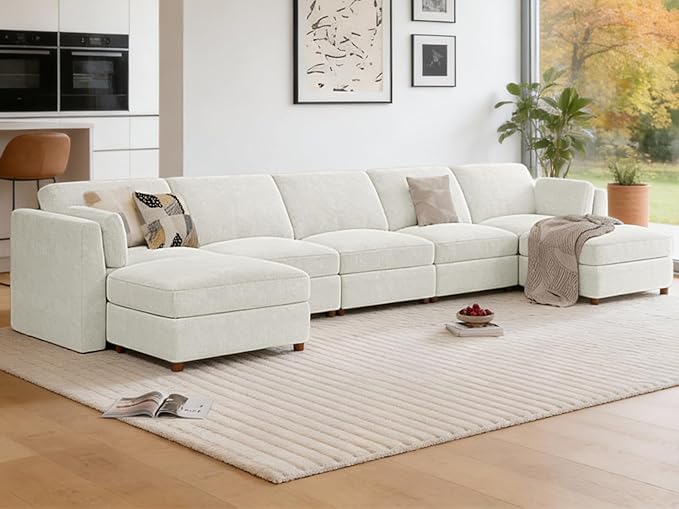 CUGOAO 188.7'' Modular Sectional Sofa, Oversized U-Shaped Sectional Couch with Ottoman, Deep Seat Chenille Cloud Couch, Mordern Upholstered Couches for Living Room, Apartment, Office, Beige