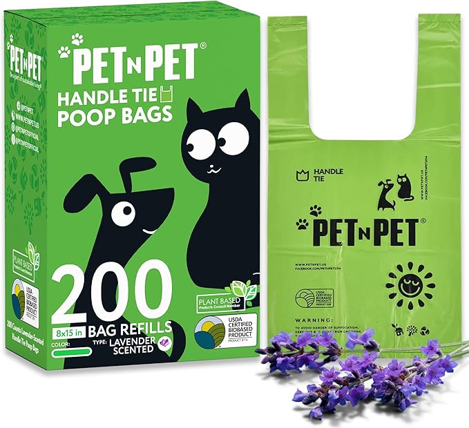 Pet N Pet 200 Counts Lavender Scented Dog Poop Bags Rolls with Tie Handles, 41% Plant Based & 59% PE Poop Bags for Dogs, Extra-Thick Doggie Poo Bag, Pet Waste Bag