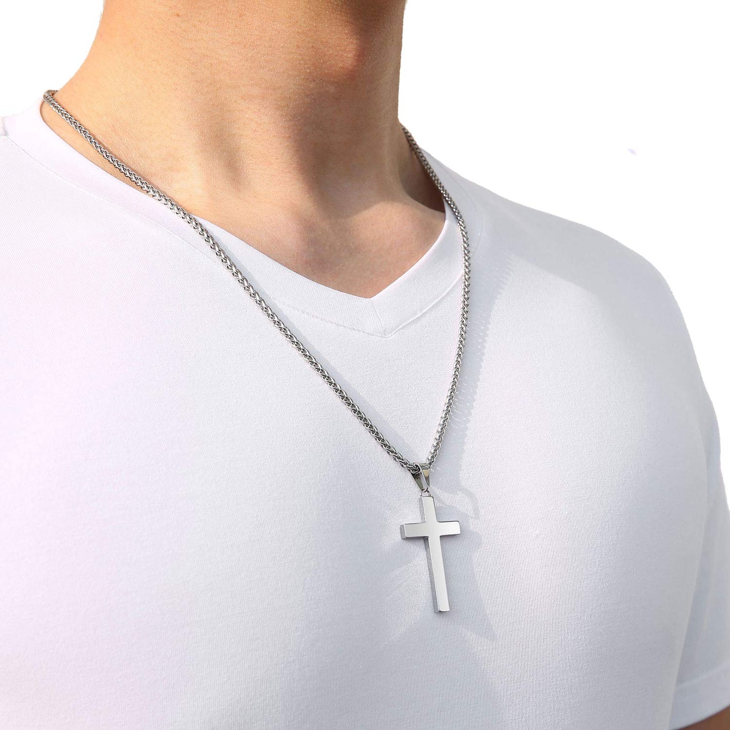 P. BLAKE Silver Cross Necklace for Men Boys, Stainless Steel Cross Pendant Chain Christian Religious Jewelry Valentine Christmas