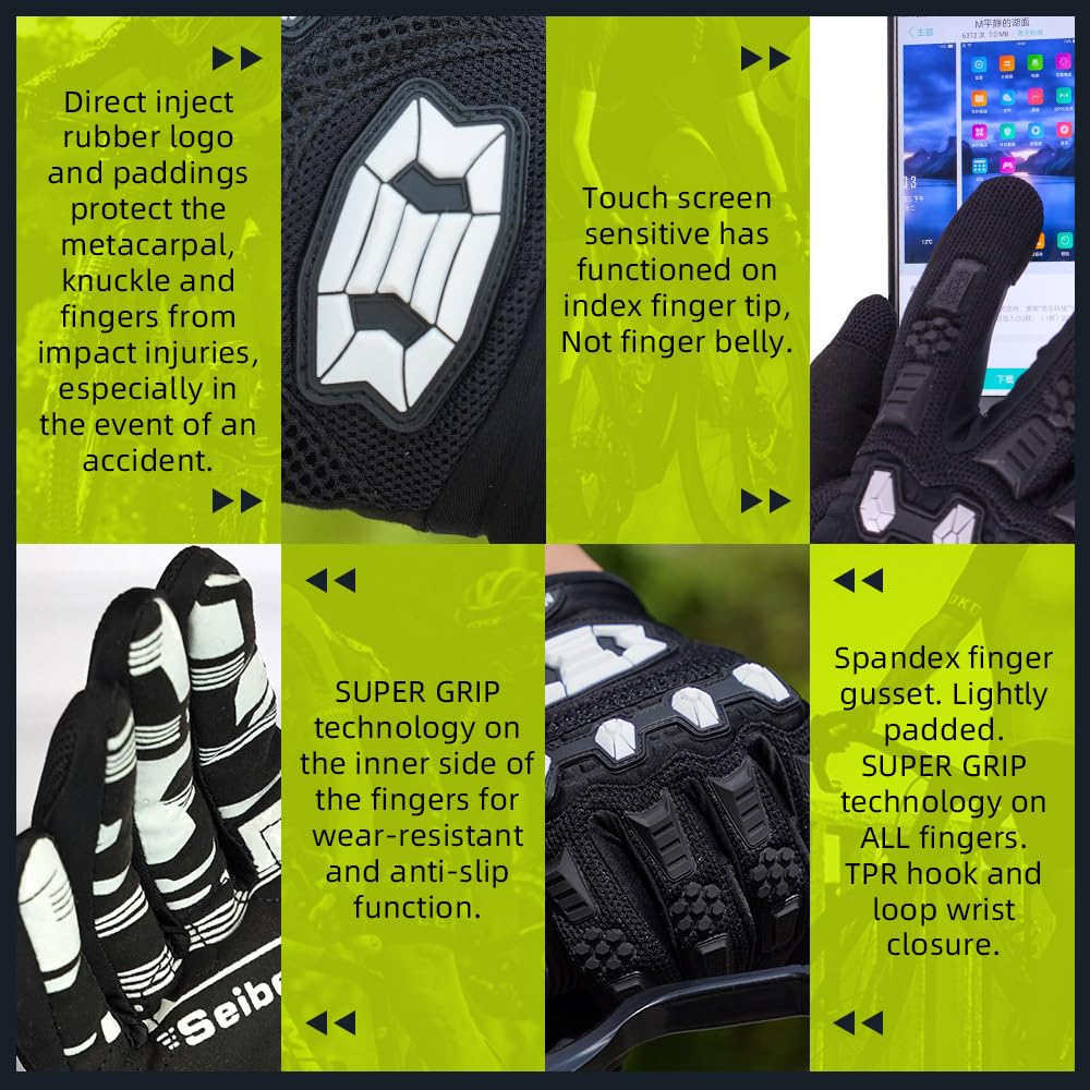 Seibertron Youth Unisex MX ATV MTB Racing Gloves - Full Finger Touchscreen Glove for Bicycle Cycling Mountain Biking Motorcycle and Motocross Black XS