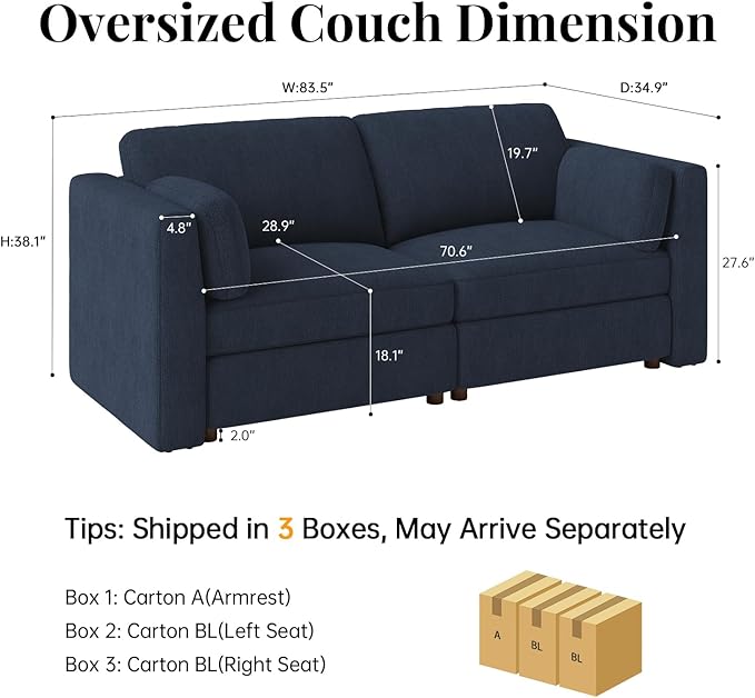 CUGOAO 83.5'' Oversized Loveseat, Couches for Living Room, Deep Seat Chenille Cloud Couch, Modular Sectional Sofa, Removable Cover, Mordern Upholstered Sofa for Apartment, Office, Blue