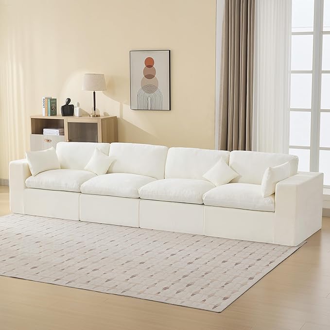 155''Cloud Boneless Sectional Couch, Modular Sectional Sofa Deep Seat, Oversized Upholstered Convertible Comfy 4 Seater Chenille Memory Foam Sofa Couches for Living Room, Beige