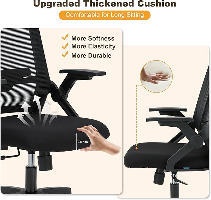 Msdizuo Ergonomic Office Chair, High Back Desk Chair with Adjustable Height, Swivel Chair with Flip-Up Arms and Lumbar Support, Breathable Mesh Computer Chair for Home/Study/Working/Relaxing, (Black)