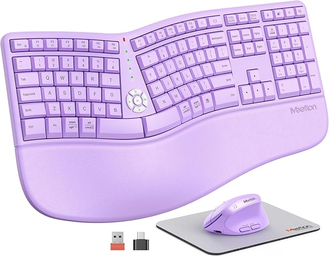 MEETION Ergonomic Keyboard and Mouse Combo, 2.4G Cordless Split Keyboard with Cushioned Palm Rest, Vertical Wireless Mouse...