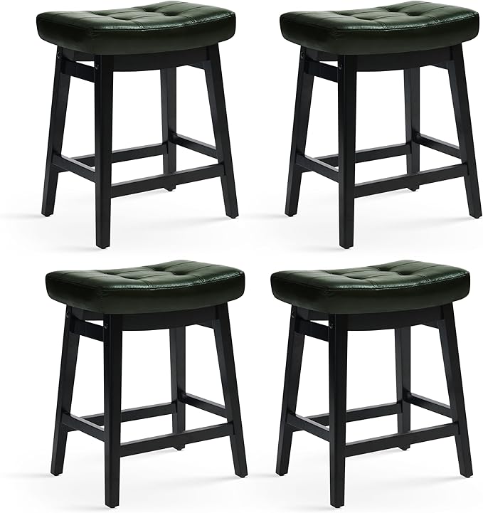 RNKSFX Counter Height Bar Stools Set of 4 for Kitchen Counter Farmhouse Modern Barstools with Faux Leather Upholstered Backless Seat and Solid Wood Legs 24 inch Bar Chairs, Green + Black