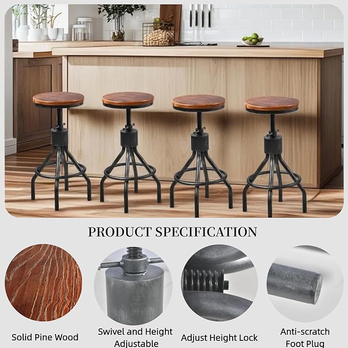 BOKKOLIK Set of 2 Industrial Bar Stool-Vintage Counter Dining Chair-Swivel Stools-Tall Height Adjustable 22-33"