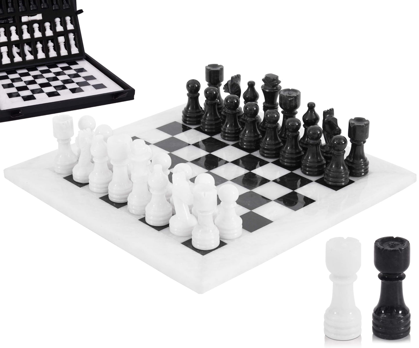 Marble Chess Set for Adults 12" Handmade White & Black Board Game with 32 Chess Pieces, 2 Extra Queens & Storage Box, Luxury Travel Game, Elegant for Home Decor