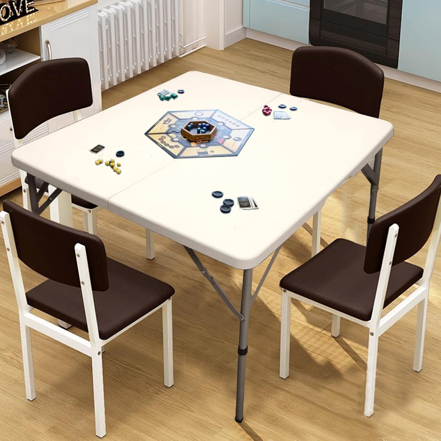 34" Fold in Half Square Folding Table, Plastic Square Card Table, Game for Puzzles Crafting Fold in Half Camping Table Utility use for Indoor Outdoor Picnic Party