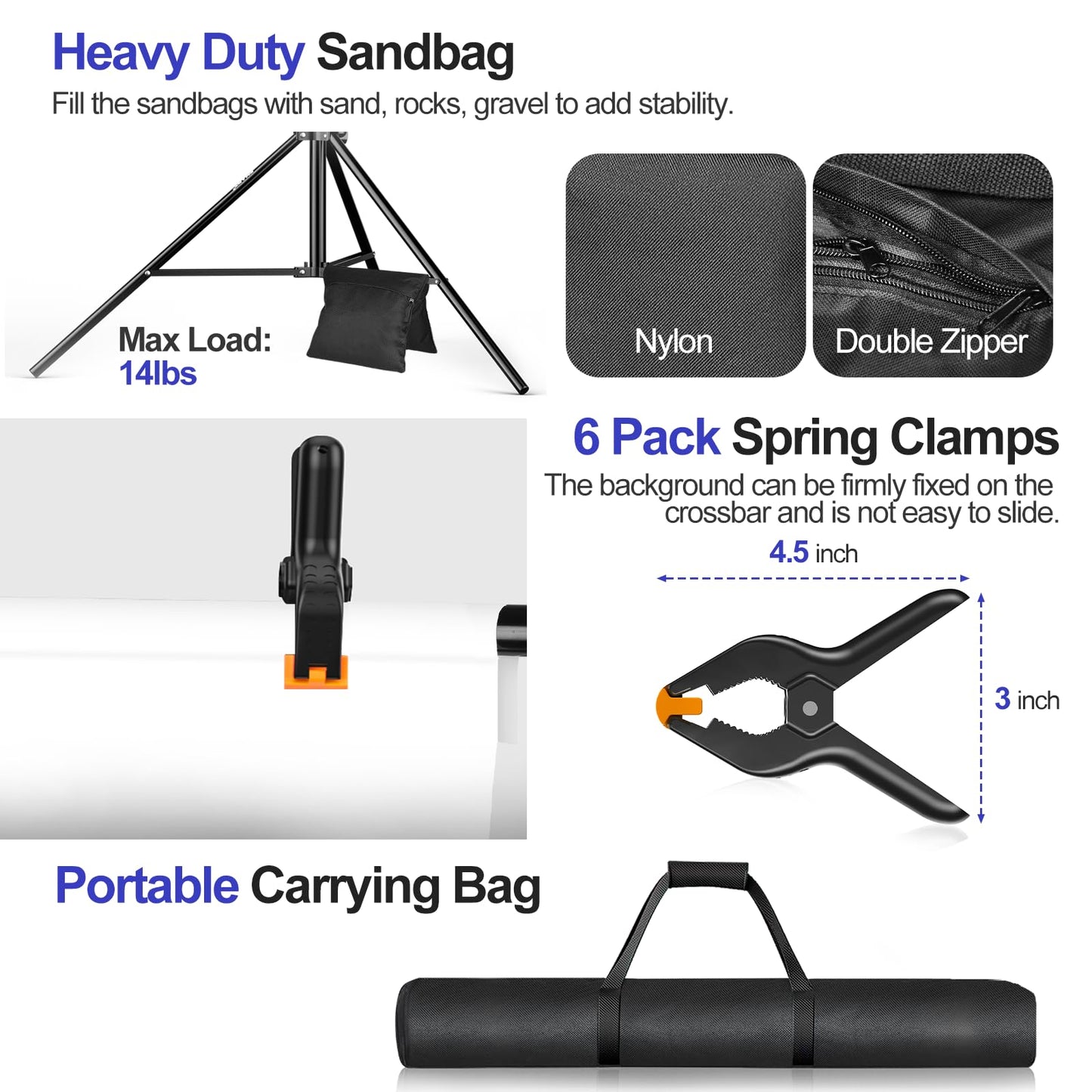 EMART 10x10FT Backdrop Stand, Photo Video Studio Adjustable&Lockable Heavy Duty Background Support System Kit with 6 Backdrop Clamps, 2 Sandbag and Carry Bag for Photography, Parties, Wedding, Video