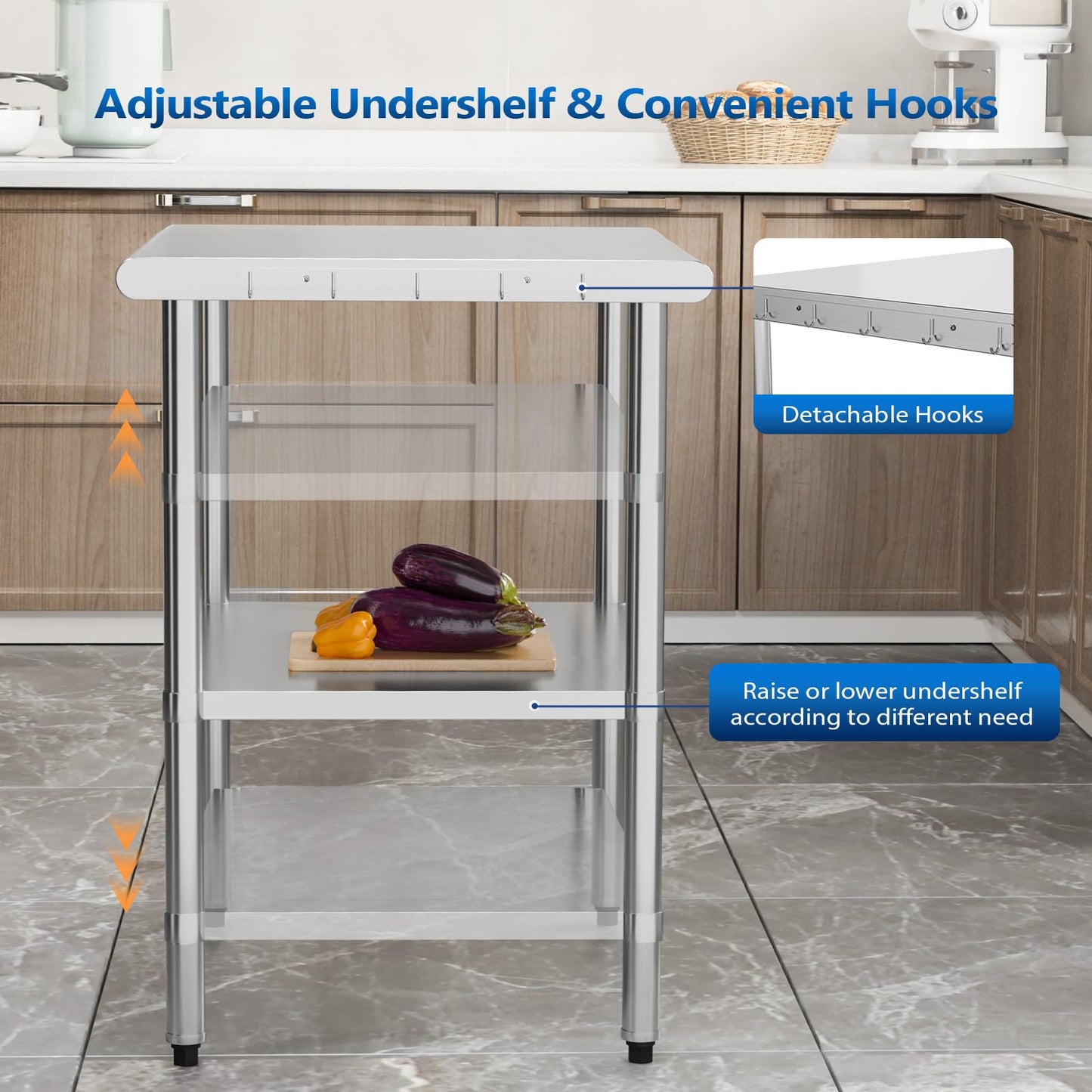 ROVSUN 36'' x 24'' Stainless Steel Table for Prep & Work,Commercial Worktables & Workstations, NSF Heavy Duty Metal Table with Adjustable UnderShelf for Kitchen Restaurant, Home, Hotel, Outdoor