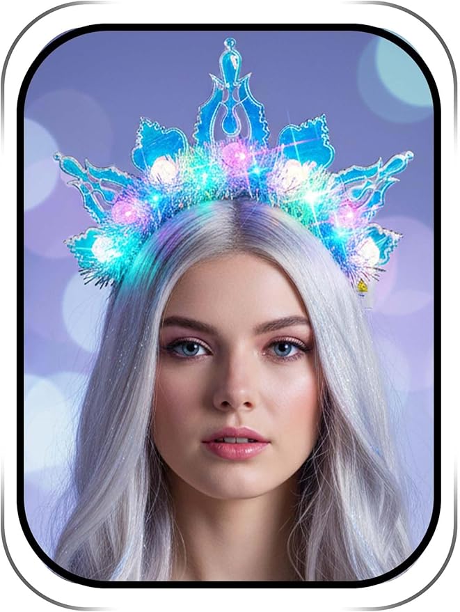 Lorealri Light Up Star Crown Headband, Blue and Silver Glitter Stars, LED Rave Party Costume Headwear Accessory for Women