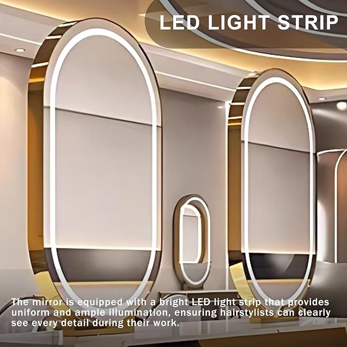 Golden Salon Station for Hair Stylist (Oval LED Mirror)(Storage Cabinets), Barber Station with Light Luxury Style