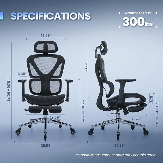 MALOL Ergonomic Office Chair with Footrest, Mesh Home Office Computer Chair with Adjustable Headrest and 3D Arms, Backrest Height, Tilt Lock and Lumbar Support, 300LBS