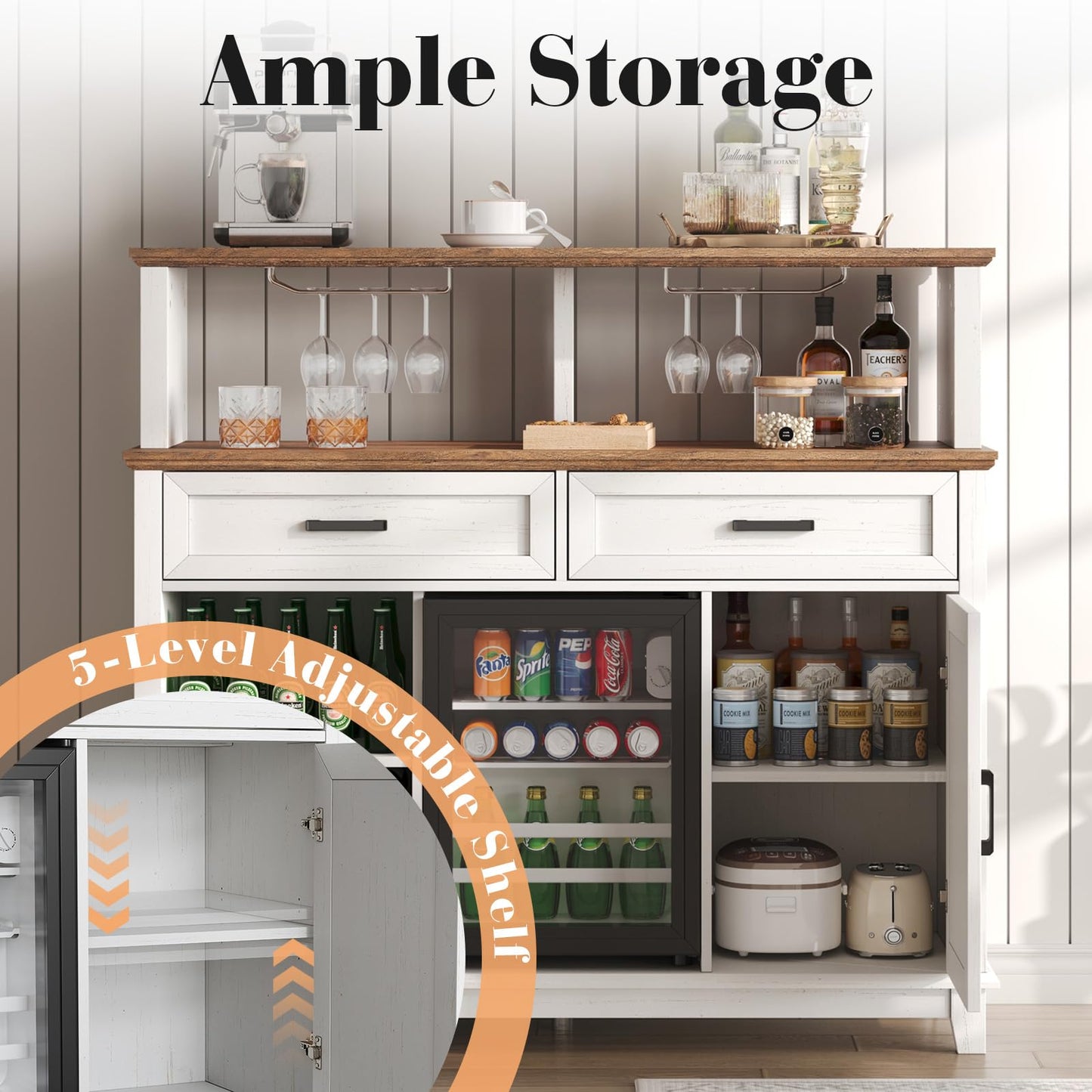 AMERLIFE 47" Farmhouse Coffee Bar Cabinet with 15" Refrigerator & Wine Rack & Glass Holder, Wine Cabinet with Storage Drawers & Open Shelves, Sideboard Buffet Cabinet for Dinging Room, Living Room