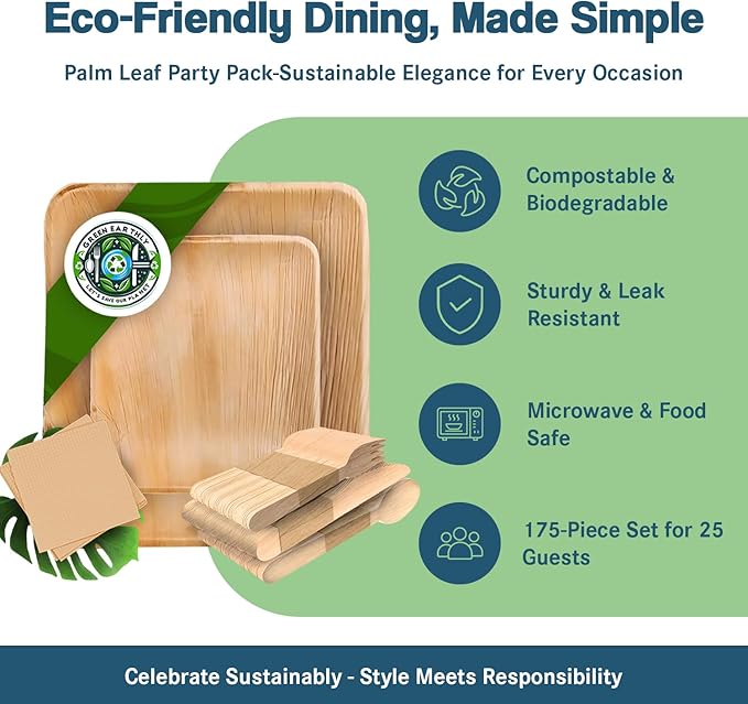 Palm Leaf Party Pack, Compostable, Biodegradable, Disposable, Sturdy, Eco-Friendly, Microwave Safe. 10'' & 7'' Square Plates, Wooden Cutlery & Napkins (For 25 People - 175 total items).