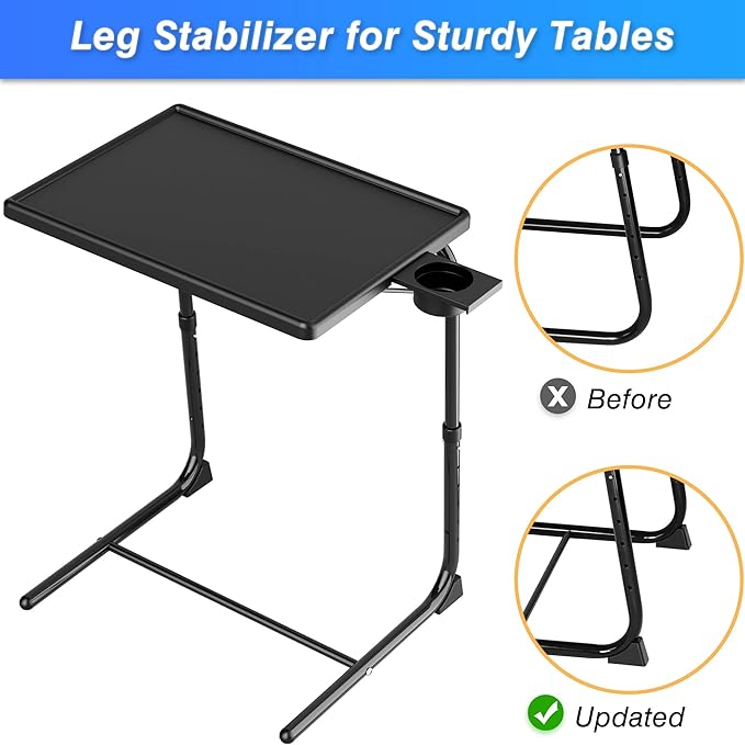 Allpop TV Tray Table, TV Dinner Tray for Eating Set of 2, Adjustable Folding Laptop Table with 6 Heights & 3 Tilt Angles, Cup Holder on Couch & Bed, Black | for Eating, Adjustable, Folding, 6 Heights, 3 Tilt Angles, Cup Holder