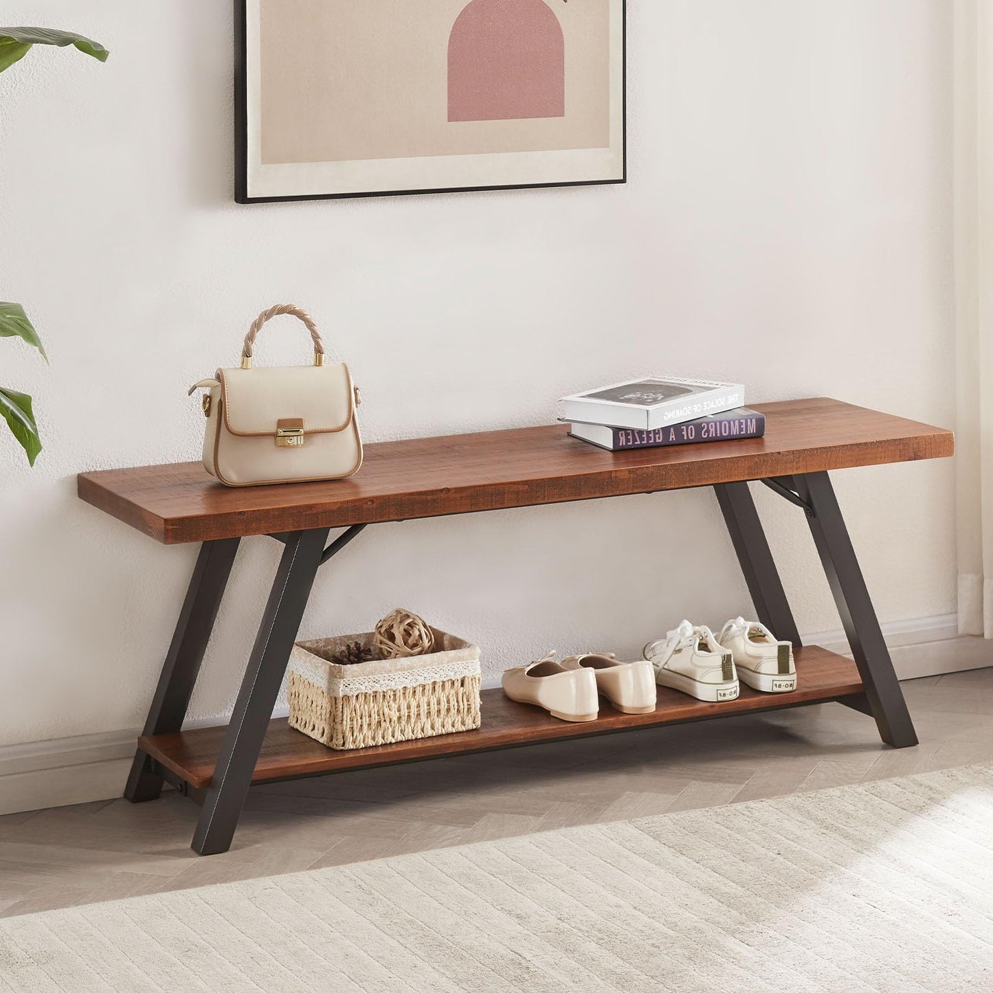 IBF Solid Wood Entryway Bench, Natural Real Wood Storage Bench, Farmhouse Wooden Shoe Bench in Entry Way Hallway Foyer Rack, Bedroom Bench Seat for Living Bed Mud Room Indoor, Rustic Brown, 47 Inch