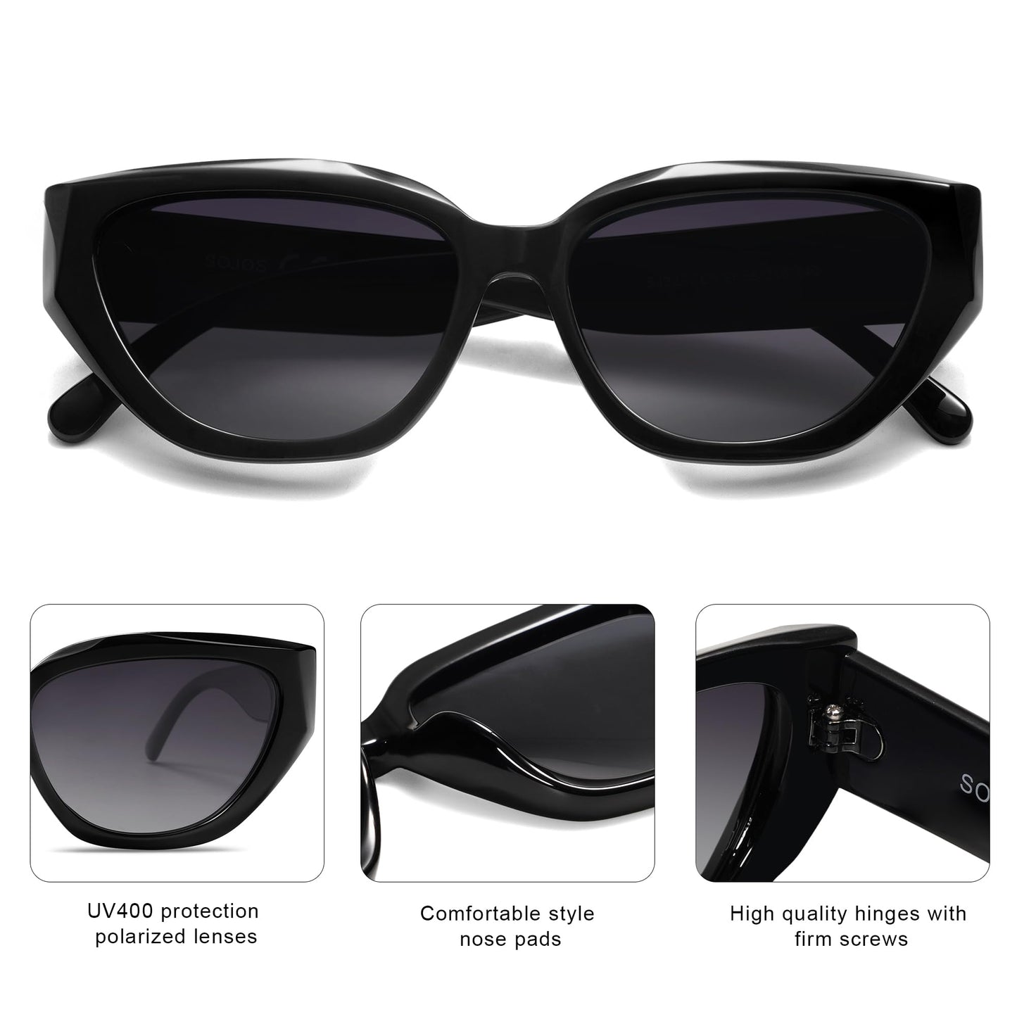 SOJOS Trendy Cute Cat Eye Polarized Sunglasses for Women Fashion Cateye Womens Sunnies SJ2237, Black Frame Grey Grading Lens