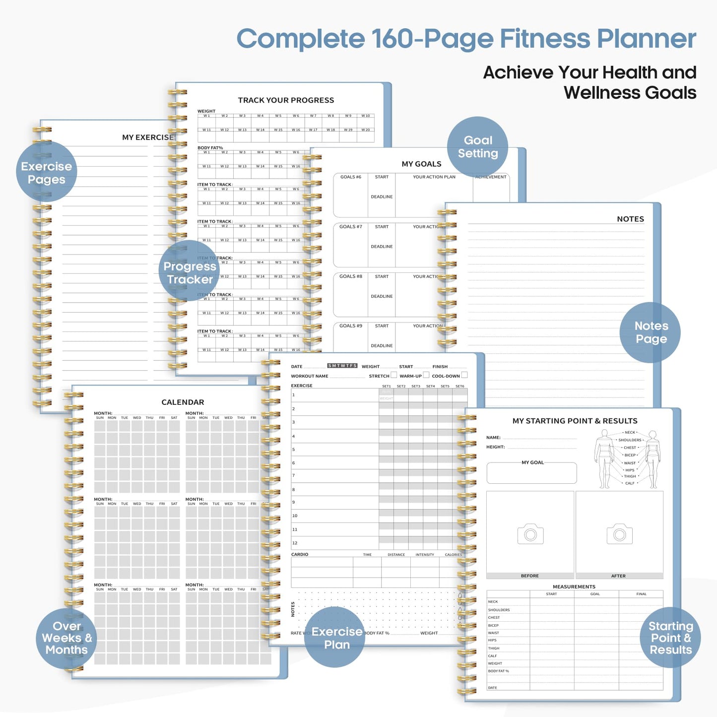 Fitness Workout Journal for Women & Men, A5(5.5" x 8.2") Workout Log Book Planner for Tracking, Progress, and Achieving Your Wellness Goals-Sky Blue