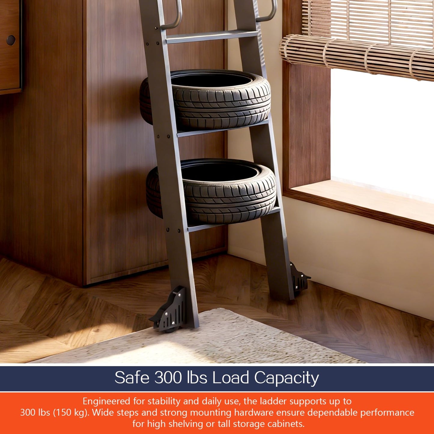 DIYHD 96" Sliding Library Ladder with 8 Steps, Telescopic Top Hook, Lightweight Rolling Ladder with Upright Space-Saving Storage, Kit with 4FT Sliding Rail, Bottom Rollers, 300lbs Capacity, Black