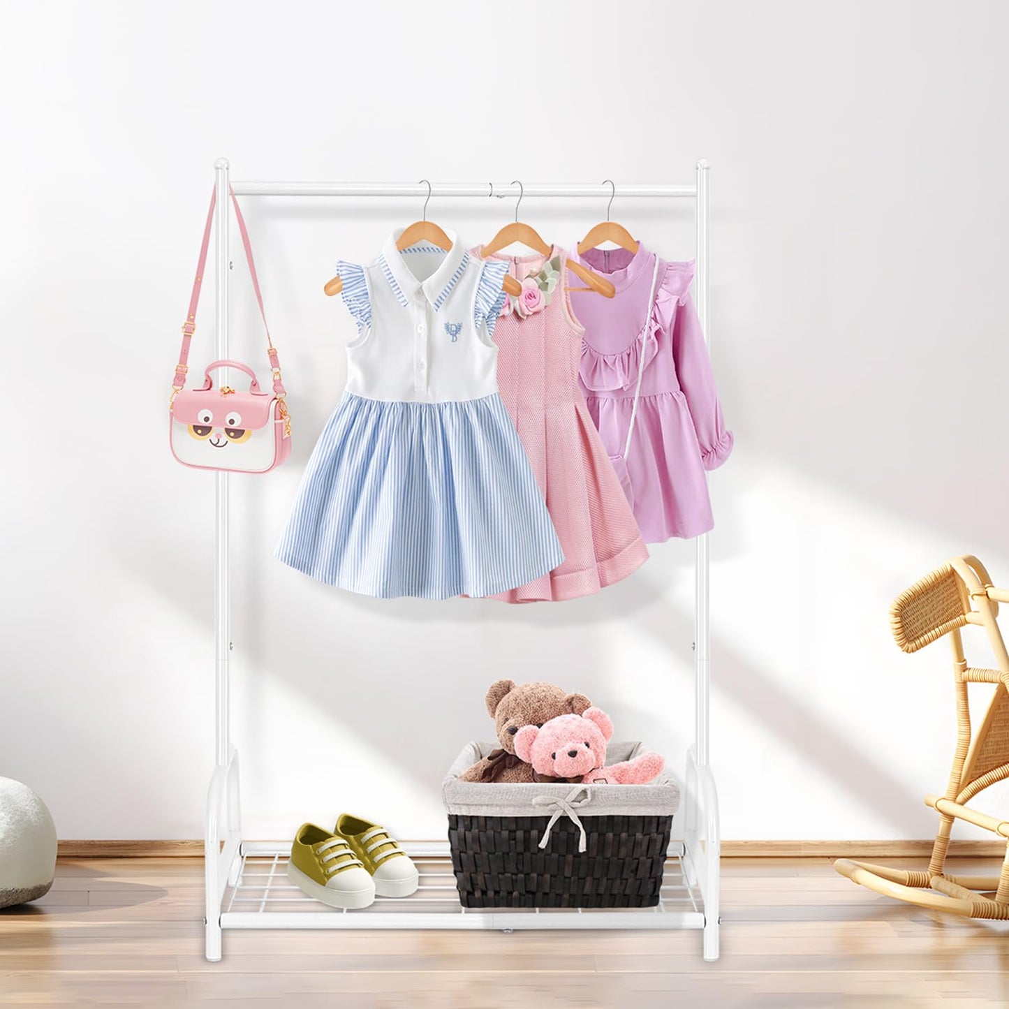 Becomrock Kids Clothing Rack, Small Clothes Shelf with Metal Storage Shelf, Kids Dress Up Storage Rack, (White)