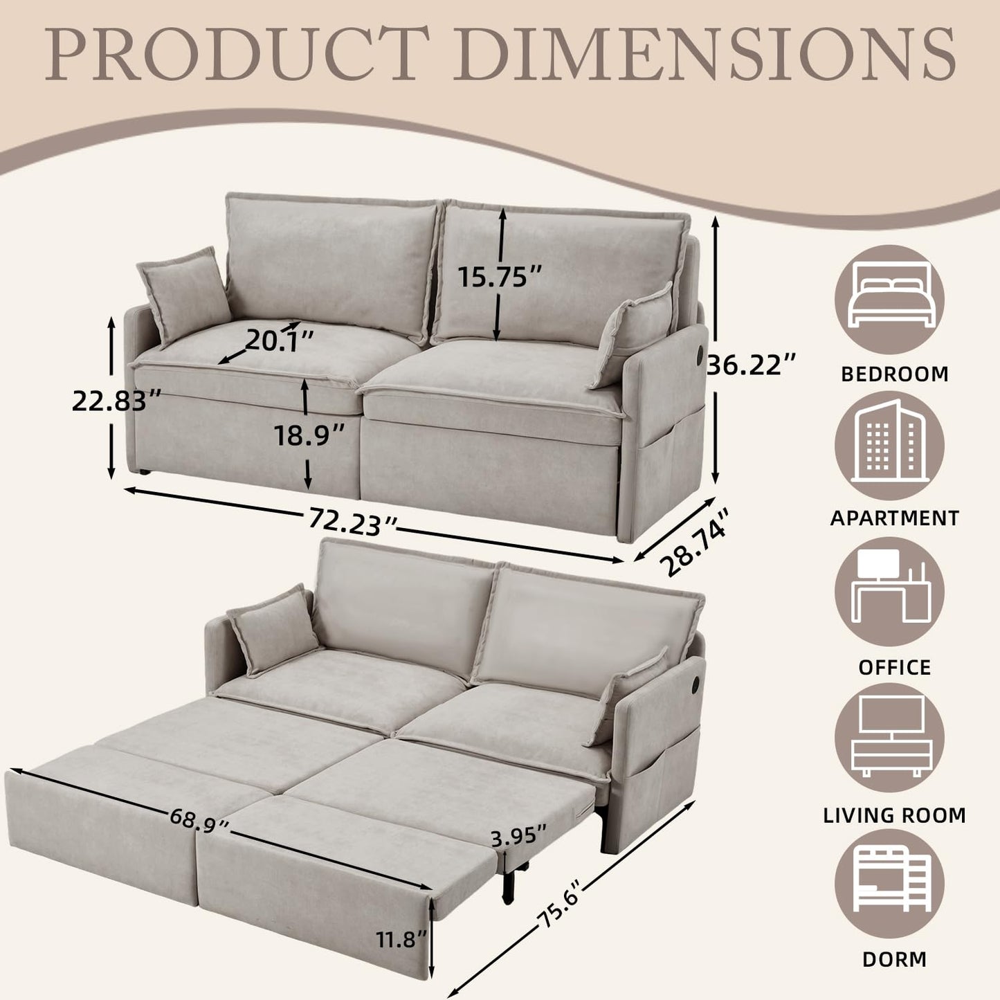 JFHID 3 in 1 Sofa Bed, 72" Pull Out Couch Sleeper Sofa Bed with USB Ports & 4 Side Pockets for Living Room, Apartment, Light Grey
