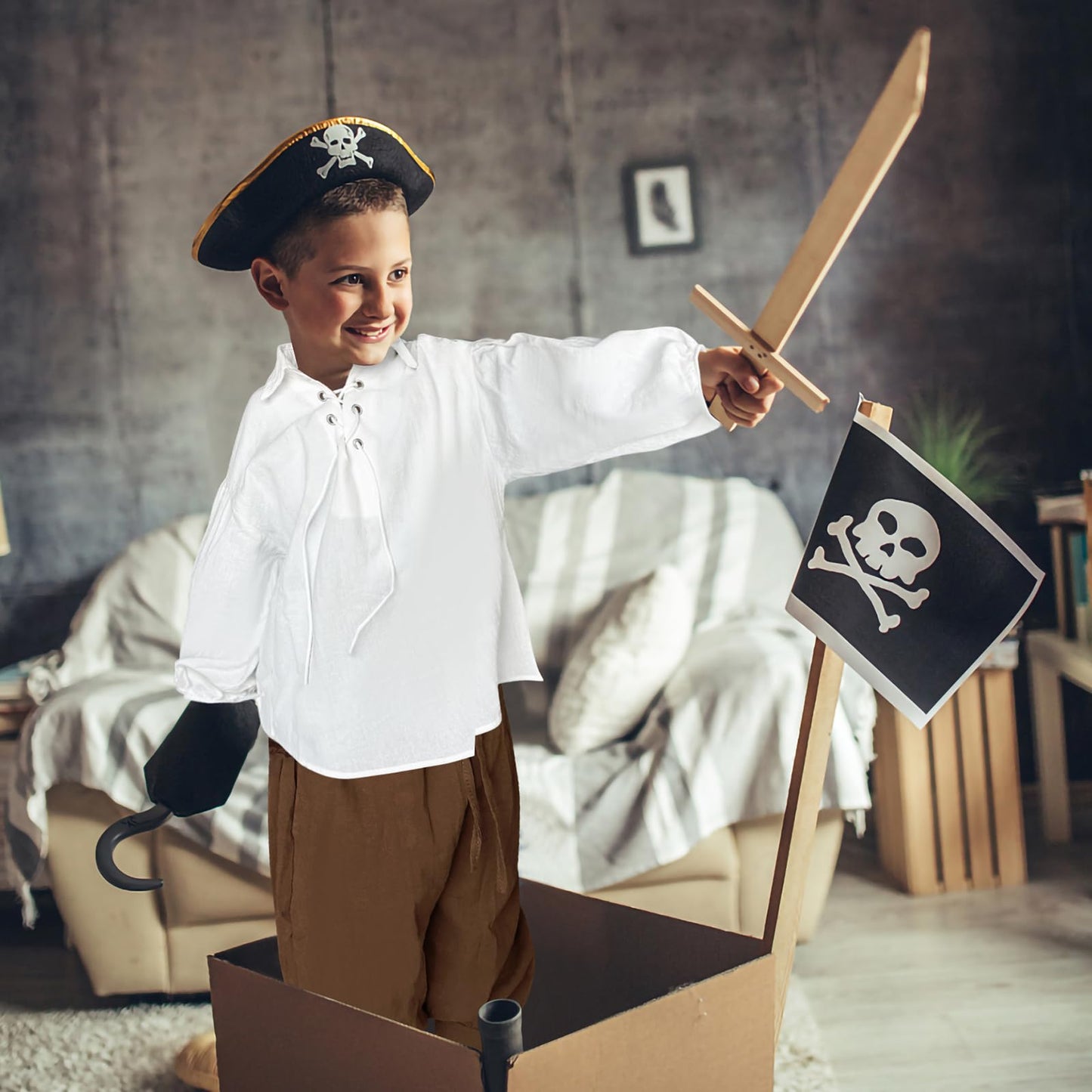 Prebene Boys Medieval Pirate Set Shirt & Ankle Pants Kids Renaissance Halloween Costume Scottish Jacobite Tops and Trousers (White+Brown, 10-12T)