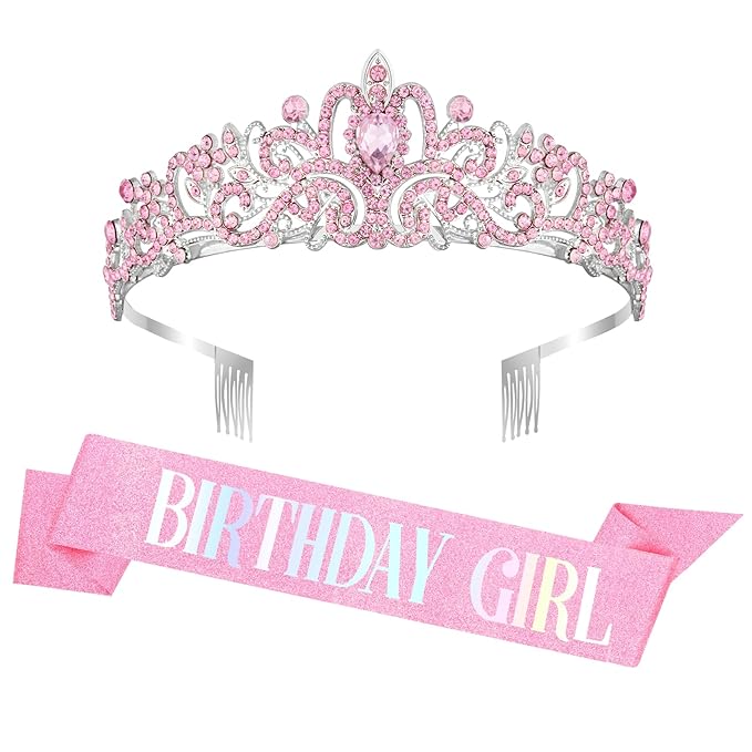 Coopyin Birthday Sash and Crown for Women Girls Pink Birthday Girls Sash Costume Tiara Headband Queen Princess Crown Spark...