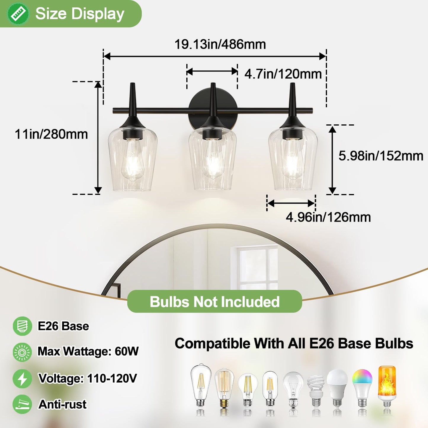MOKATNG 2025 Upgrade 3-Light Bathroom Light Fixtures, Black Vanity Lights for Bathroom with Clear Glass, 19.5 Inch Bathroom Lighting Fixtures Over Mirror, Modern Wall lamp for Cabinet Hallway