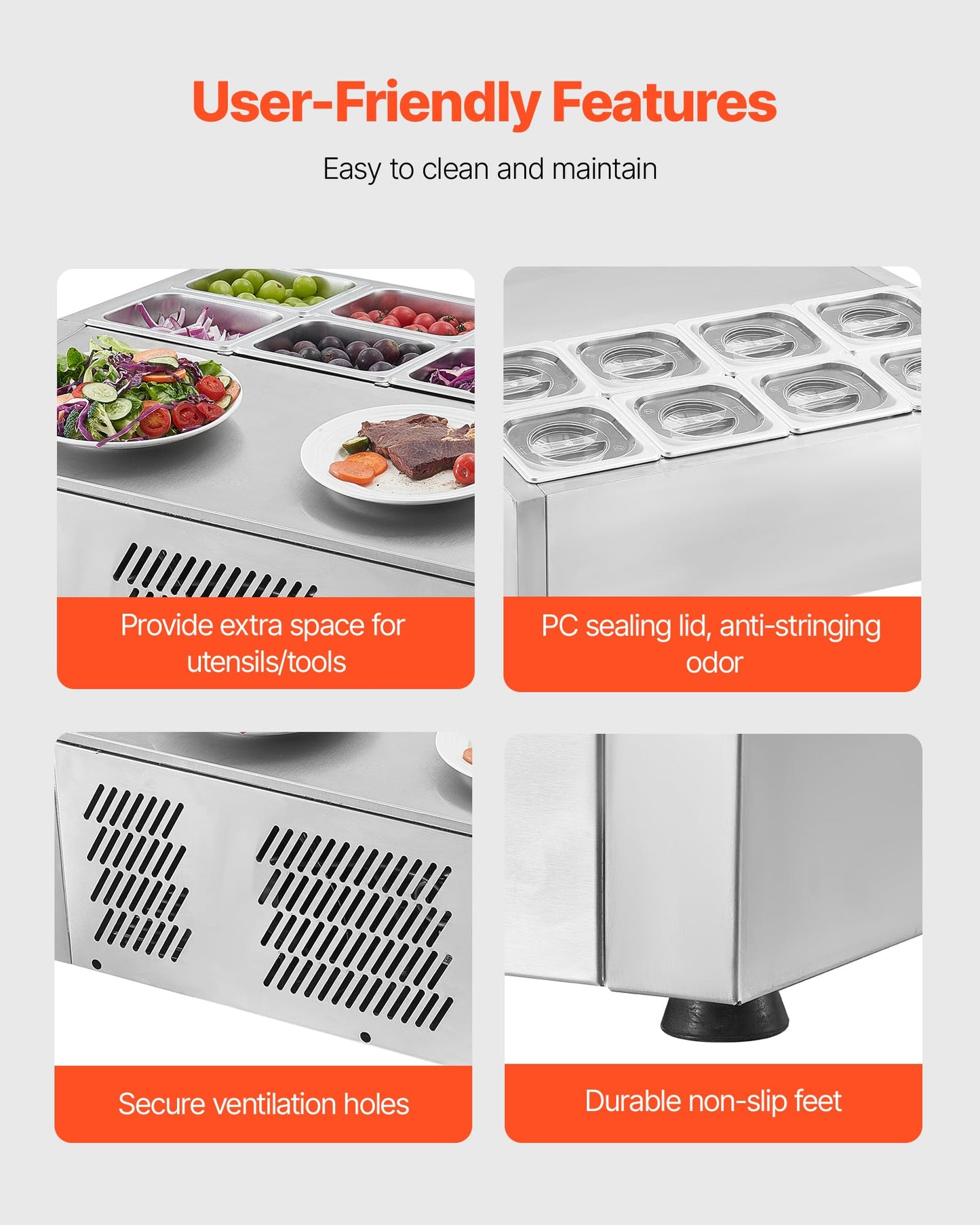 VEVOR Refrigerated Condiment Prep Station, 150 W Countertop Refrigerated Condiment Station, with Eight 1/6 Pans, 304 Stainless Body and PC Lid, Sandwich Prep Table, for Restaurant & Food Stall