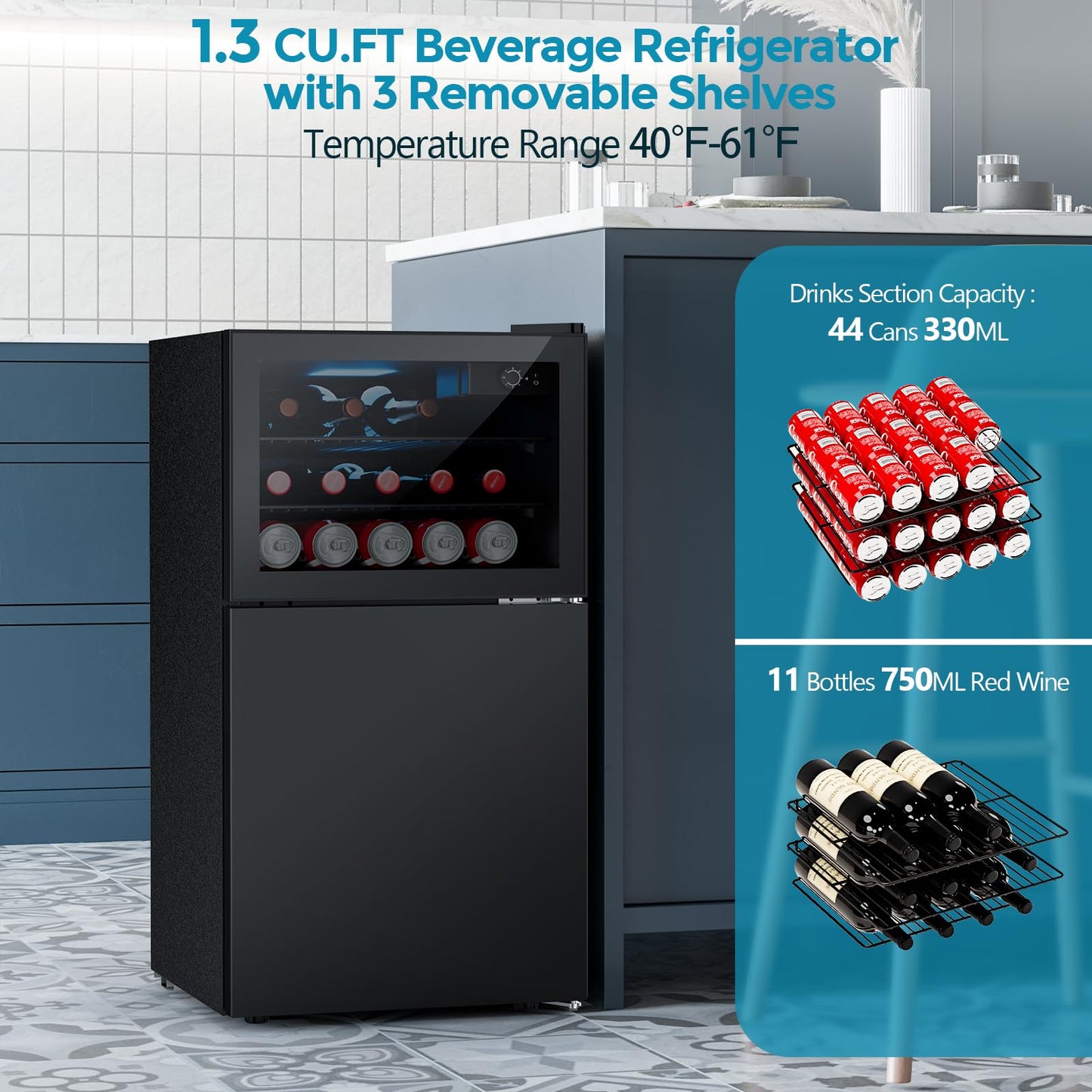 Electactic 2.6 Cu.Ft Mini Fridge with Freezer, 2 Door Compact Refrigerator, Freestanding Beverage Wine Cooler for Bedroom, Office, Home, Reversible Door, Adjustable Thermostat,Black