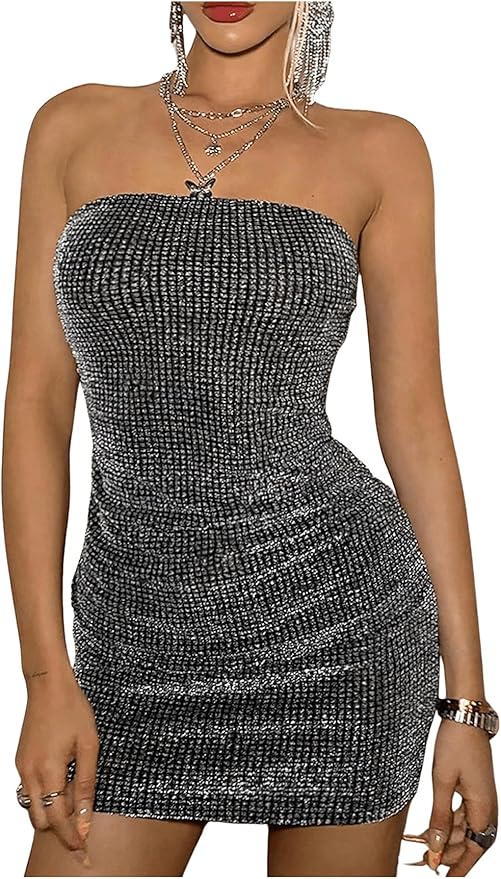 MakeMeChic Women's Sparkly Strapless Dress Bodycon Party Sexy Mini Dresses