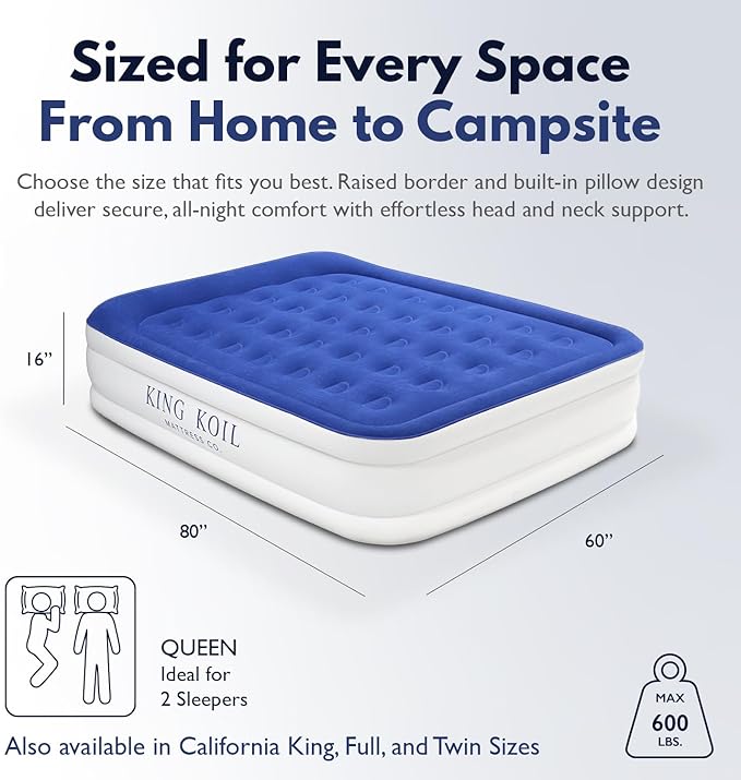 King Koil Luxury Pillow Top Plush Queen Air Mattress with Built-in High-Speed Pump Best for Home, Camping, Guests, 16" Queen Size Double Airbed Adjustable Blow Up Mattress, Waterproof, 1-Year Warranty