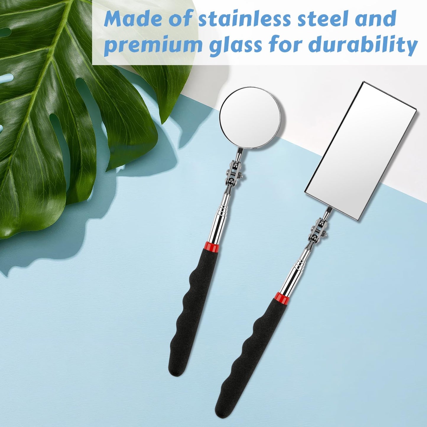 2 Pieces Telescoping Inspection Mirror, 360° Swivel Extendable Mechanic Automotive Mirrors Tools, Rectangular Round Mirror on a Stick for Mechanics, Automotive Repair, Contractors, Home Inspection