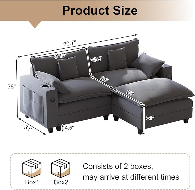KCGKCG 80.7" Modular Sectional Sofa, L Shaped Cloud Couch with Movable Ottoman, Chenille Deep Seat Cloud Sofa with Charging Station, Cup Holder, Side Pocket, Sectional Couches for Living Room, Grey