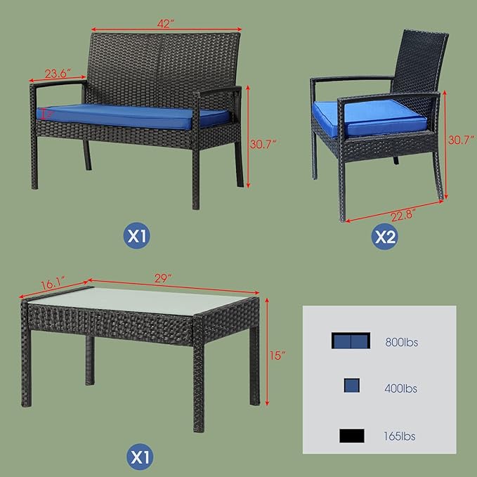PAOLFOX4 Piece Outdoor Patio Furniture Set, Rattan Patio Conversation Set with Table,Modern Wicker Chairs and Table Sets,Outdoor Furniture for Porch, Garden, Lawn, Blue