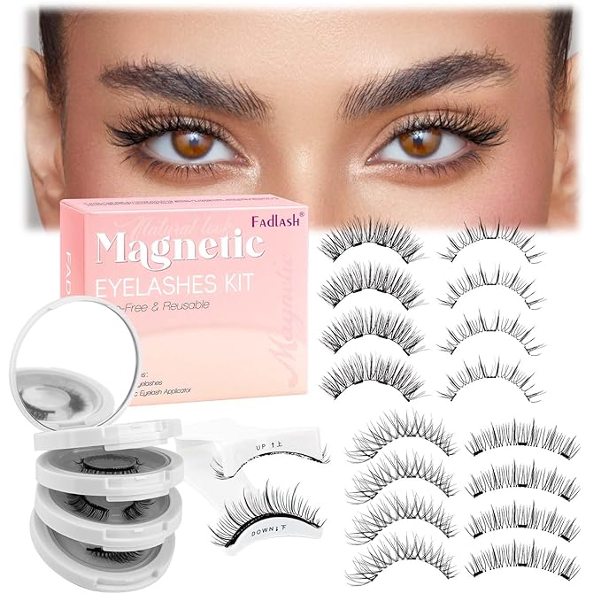 FADLASH Magnetic Eyelashes with Applicator 4 Pairs Magnetic Lashes Reusable Magnetic Eye Lashes Kit Natural Look False Eyelashes (B1+KS01+MC+K8)